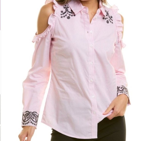 Nanette Lepore Ruffle Cold Shoulder button up shirt szM - Picture 1 of 14